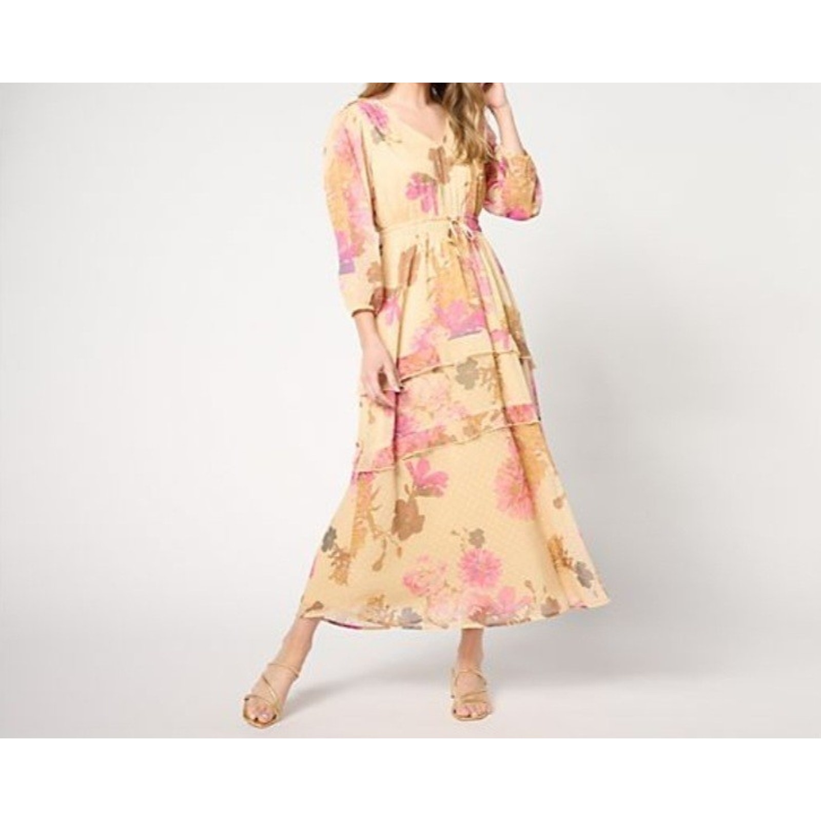 Destination 365 Size Pm Yellow Floral Clip Dot Chiffon Maxi Dress A643233 Nwot